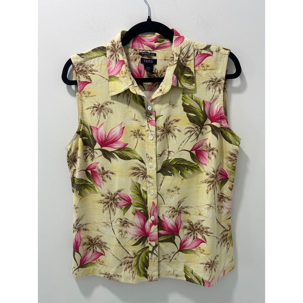 IZOD Women Yellow Pink Floral Palm Tropical 100% Washable Silk Sleeveless Shirt